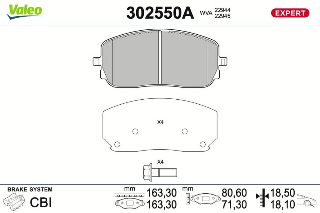 Jogo de 4 pastilhas de travão VALEO ref. 302550A
